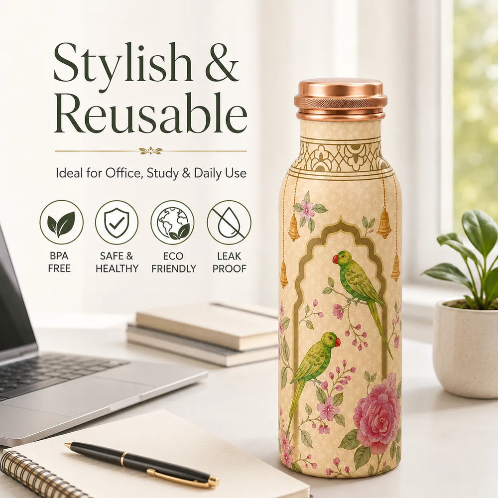 Sempyix 1 Litre Copper Water Bottle - Parrot Garden Arch Design