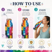 Sempyix 1 Litre Copper Water Bottle - Rainbow Hearts & Flowers Design