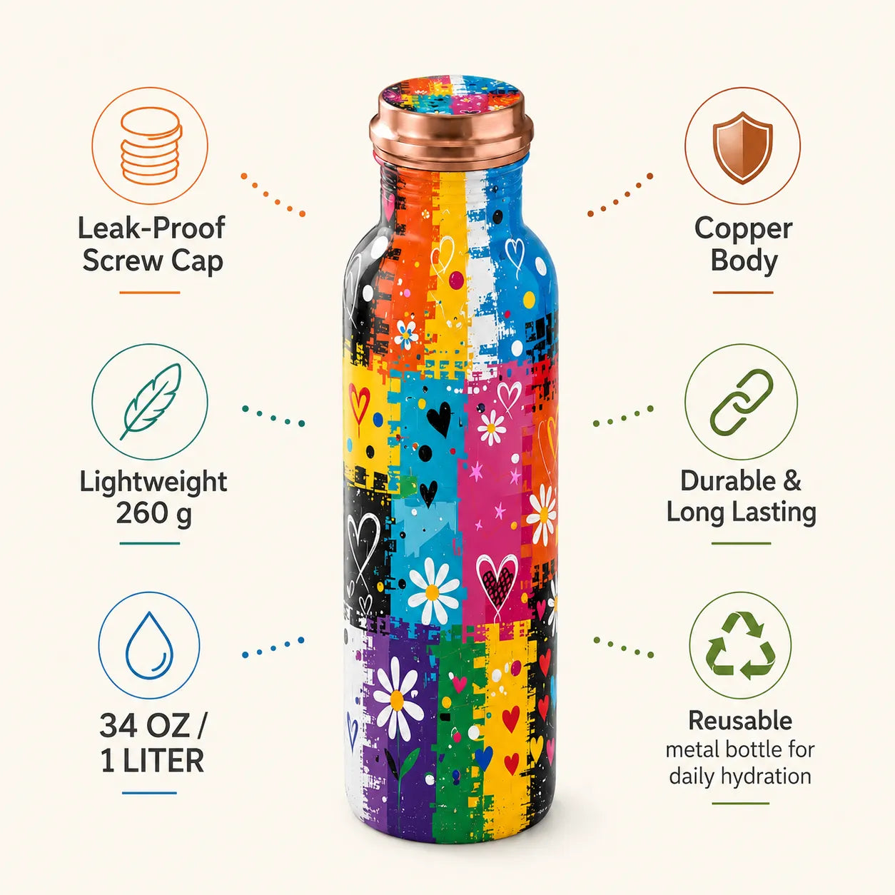 Sempyix 1 Litre Copper Water Bottle - Rainbow Hearts & Flowers Design