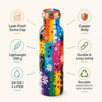 Sempyix 1 Litre Copper Water Bottle - Rainbow Hearts & Flowers Design