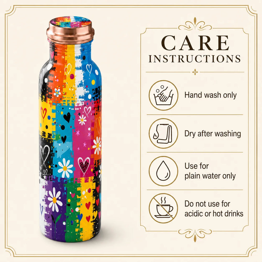 Sempyix 1 Litre Copper Water Bottle - Rainbow Hearts & Flowers Design