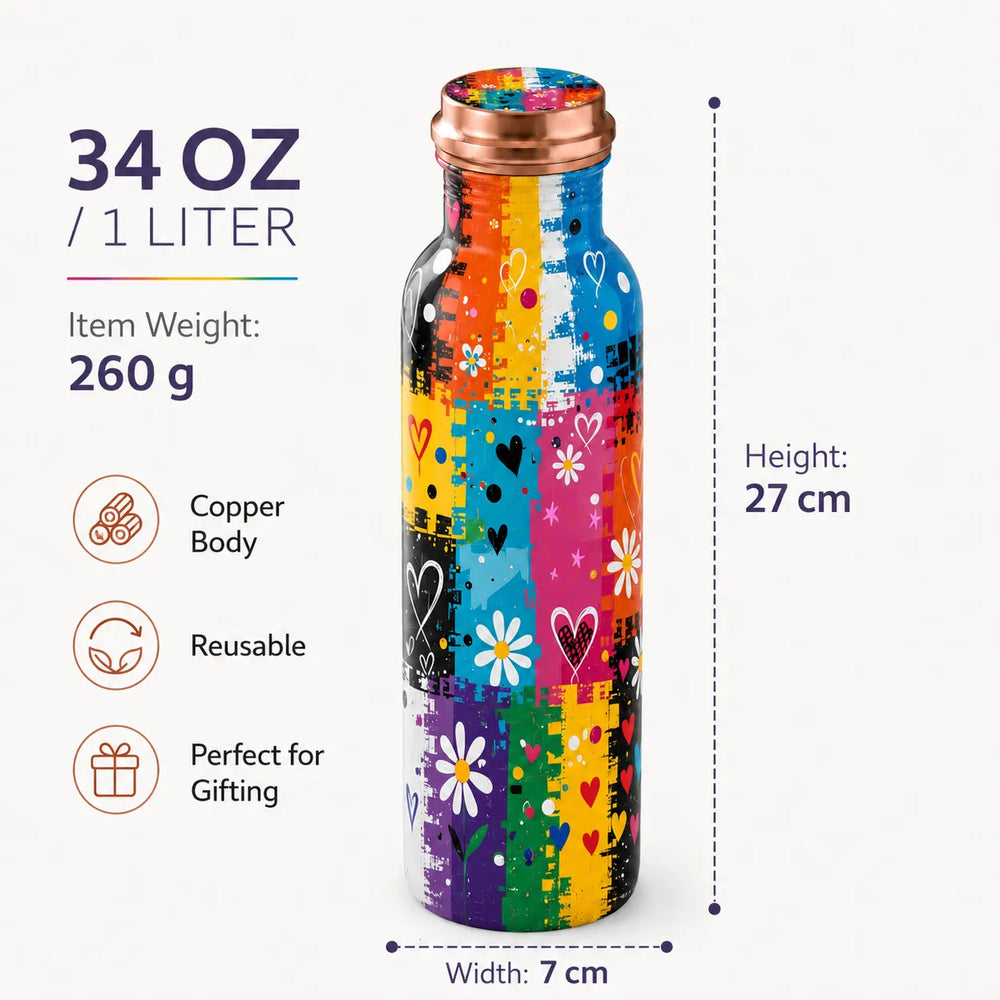 Sempyix 1 Litre Copper Water Bottle - Rainbow Hearts & Flowers Design