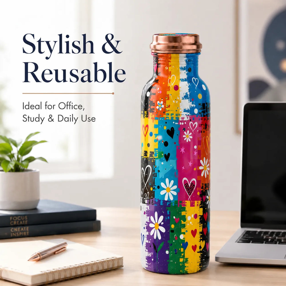 Sempyix 1 Litre Copper Water Bottle - Rainbow Hearts & Flowers Design