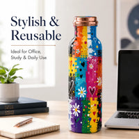 Sempyix 1 Litre Copper Water Bottle - Rainbow Hearts & Flowers Design