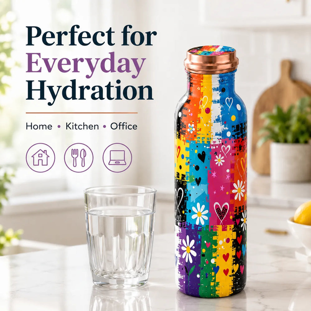 Sempyix 1 Litre Copper Water Bottle - Rainbow Hearts & Flowers Design