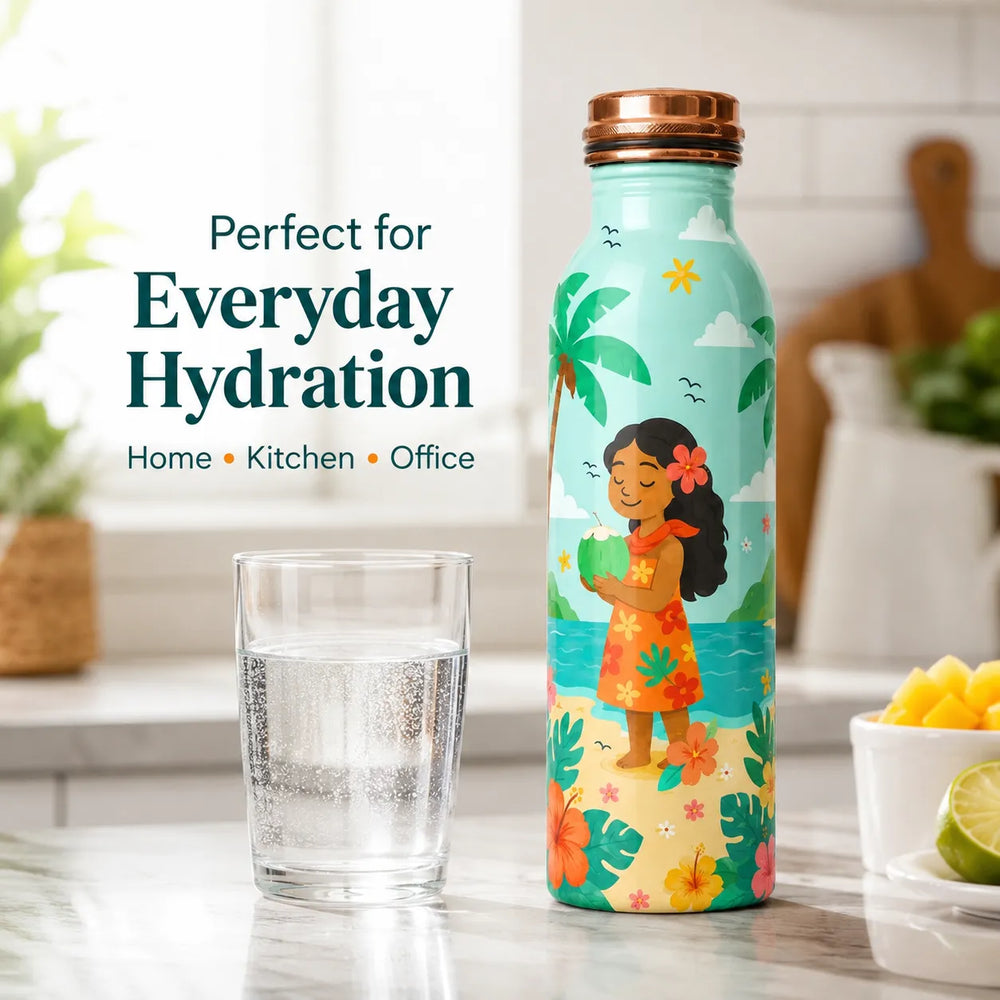 Sempyix 1 Litre Copper Water Bottle - Tropical Beach Girl Design