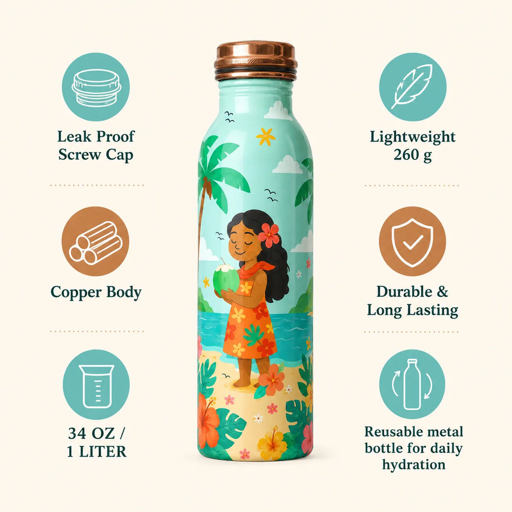 Sempyix 1 Litre Copper Water Bottle - Tropical Beach Girl Design