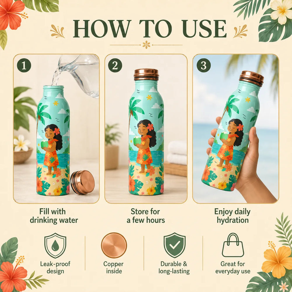 Sempyix 1 Litre Copper Water Bottle - Tropical Beach Girl Design