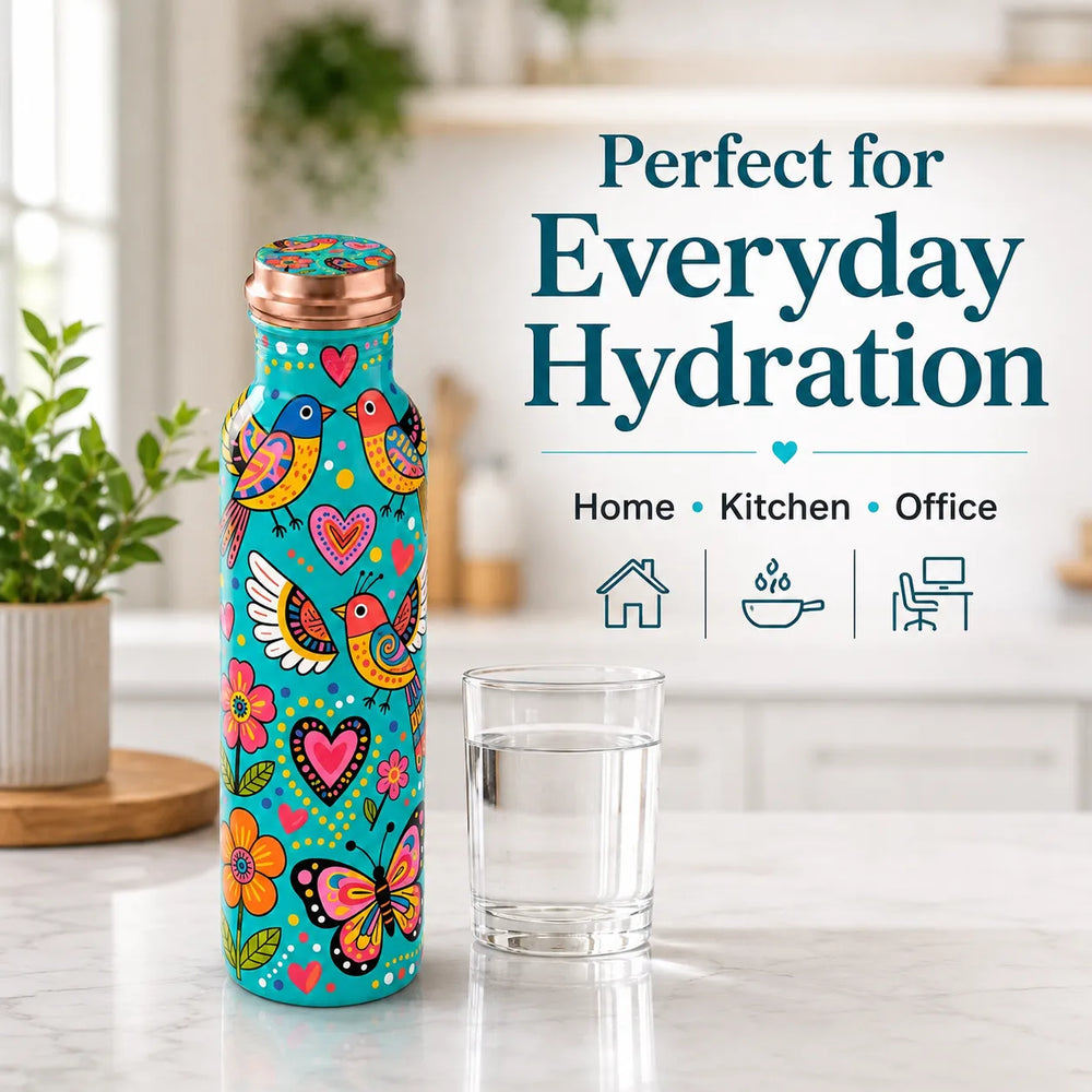 Sempyix 1 Litre Copper Water Bottle - Turquoise Birds & Hearts Design