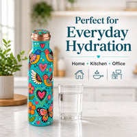 Sempyix 1 Litre Copper Water Bottle - Turquoise Birds & Hearts Design