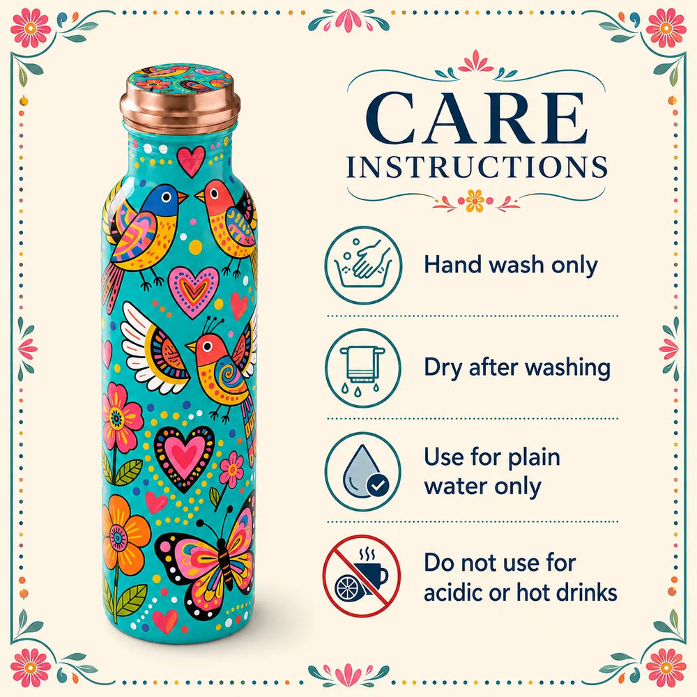 Sempyix 1 Litre Copper Water Bottle - Turquoise Birds & Hearts Design