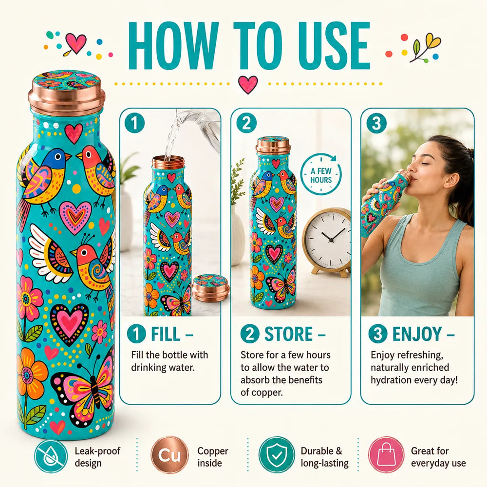Sempyix 1 Litre Copper Water Bottle - Turquoise Birds & Hearts Design