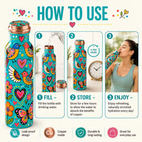 Sempyix 1 Litre Copper Water Bottle - Turquoise Birds & Hearts Design