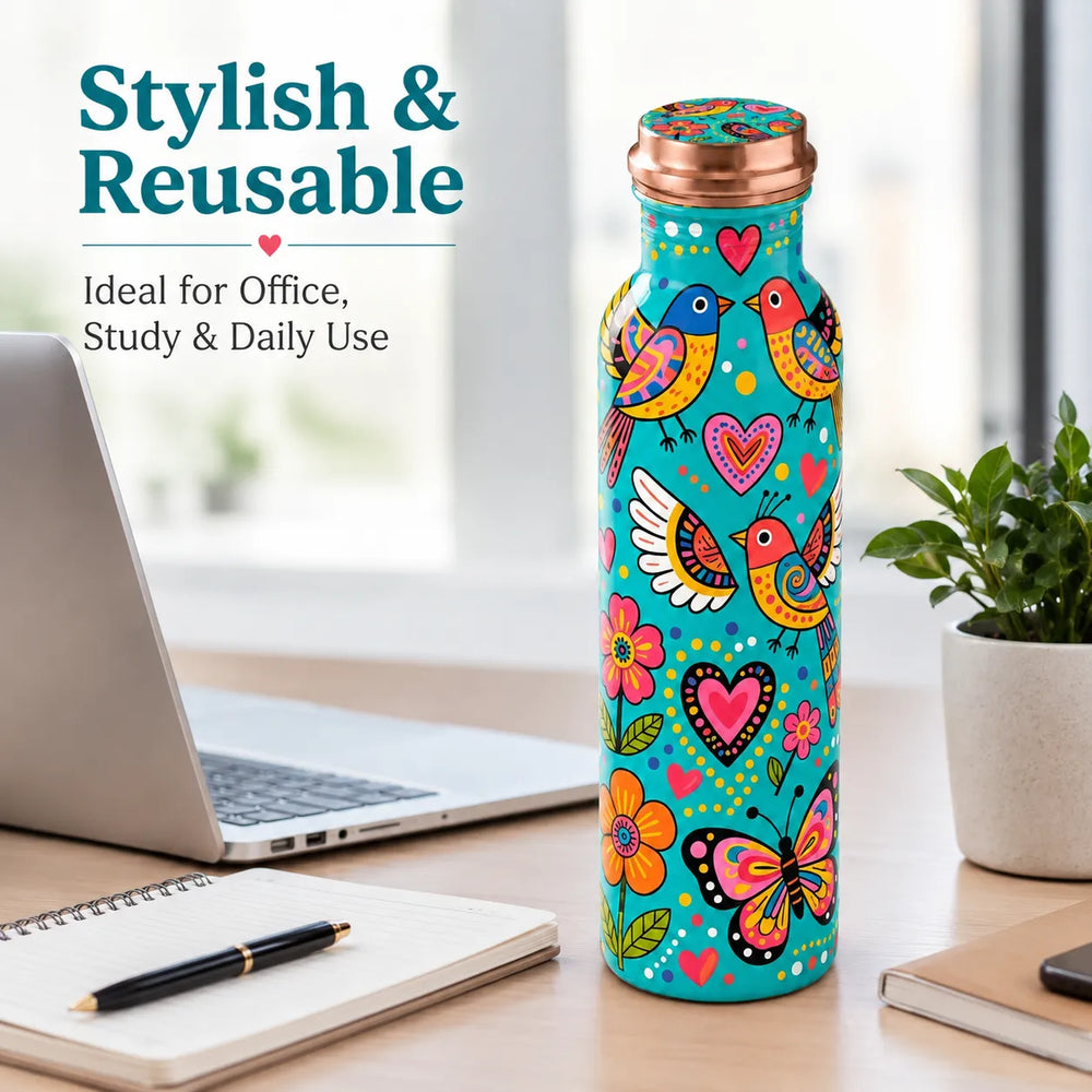 Sempyix 1 Litre Copper Water Bottle - Turquoise Birds & Hearts Design