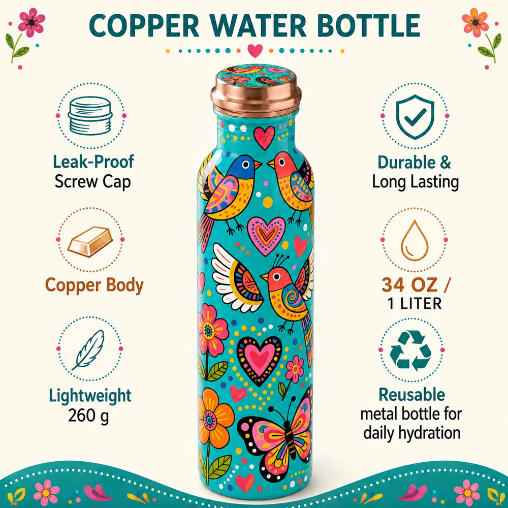 Sempyix 1 Litre Copper Water Bottle - Turquoise Birds & Hearts Design