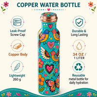 Sempyix 1 Litre Copper Water Bottle - Turquoise Birds & Hearts Design