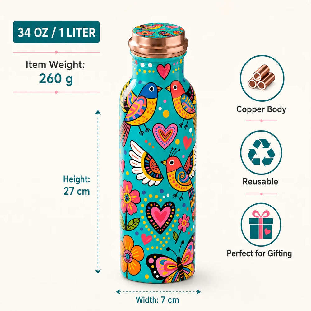 Sempyix 1 Litre Copper Water Bottle - Turquoise Birds & Hearts Design