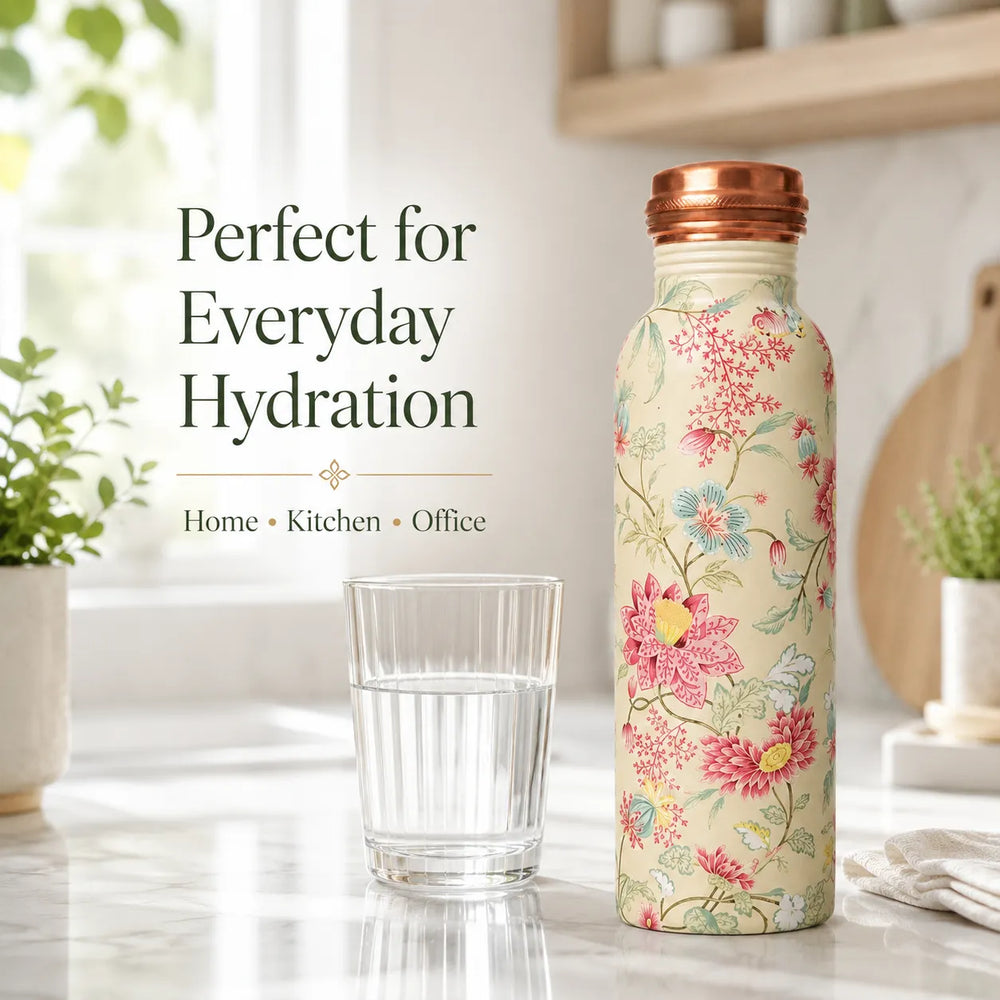 Sempyix 1 Litre Copper Water Bottle - Vintage Floral Vine Design