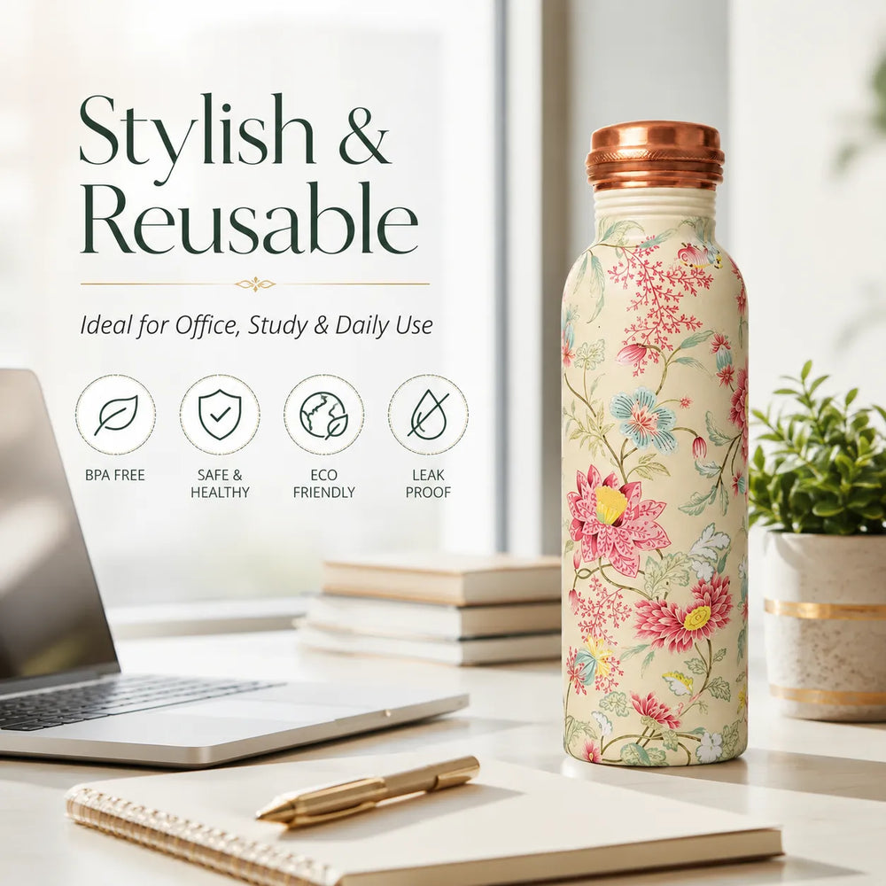 Sempyix 1 Litre Copper Water Bottle - Vintage Floral Vine Design