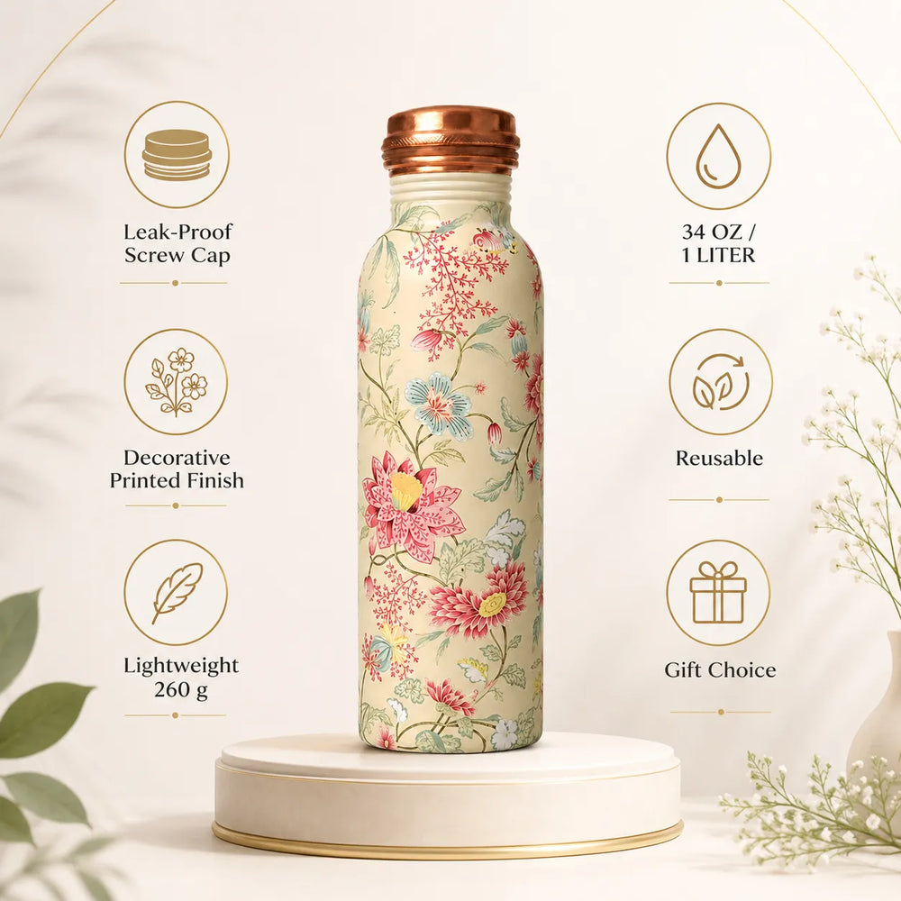 Sempyix 1 Litre Copper Water Bottle - Vintage Floral Vine Design