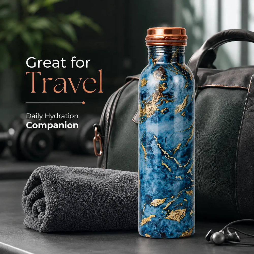 Sempyix 1 Litre Copper Water Bottle - Blue Marble Gold Design