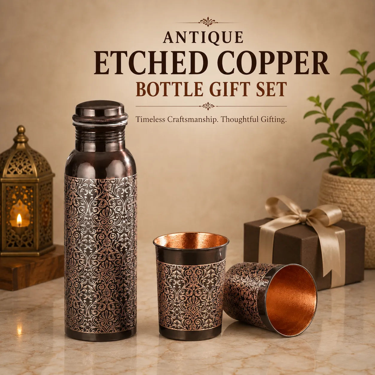 Sempyix Antique Etched Copper Bottle Gift Set