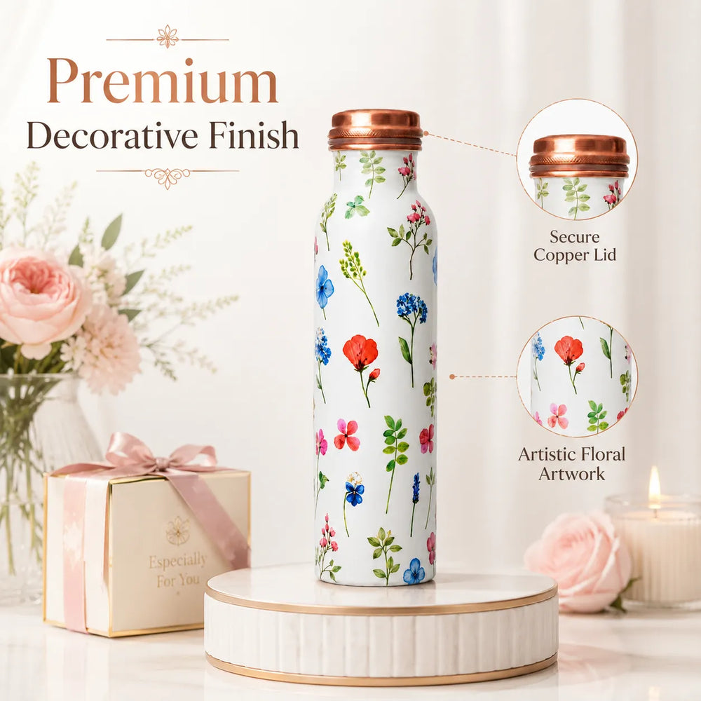 Sempyix 1 Litre Copper Water Bottle - Botanical White Floral Design