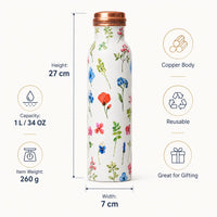 Sempyix 1 Litre Copper Water Bottle - Botanical White Floral Design