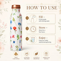 Sempyix 1 Litre Copper Water Bottle - Botanical White Floral Design
