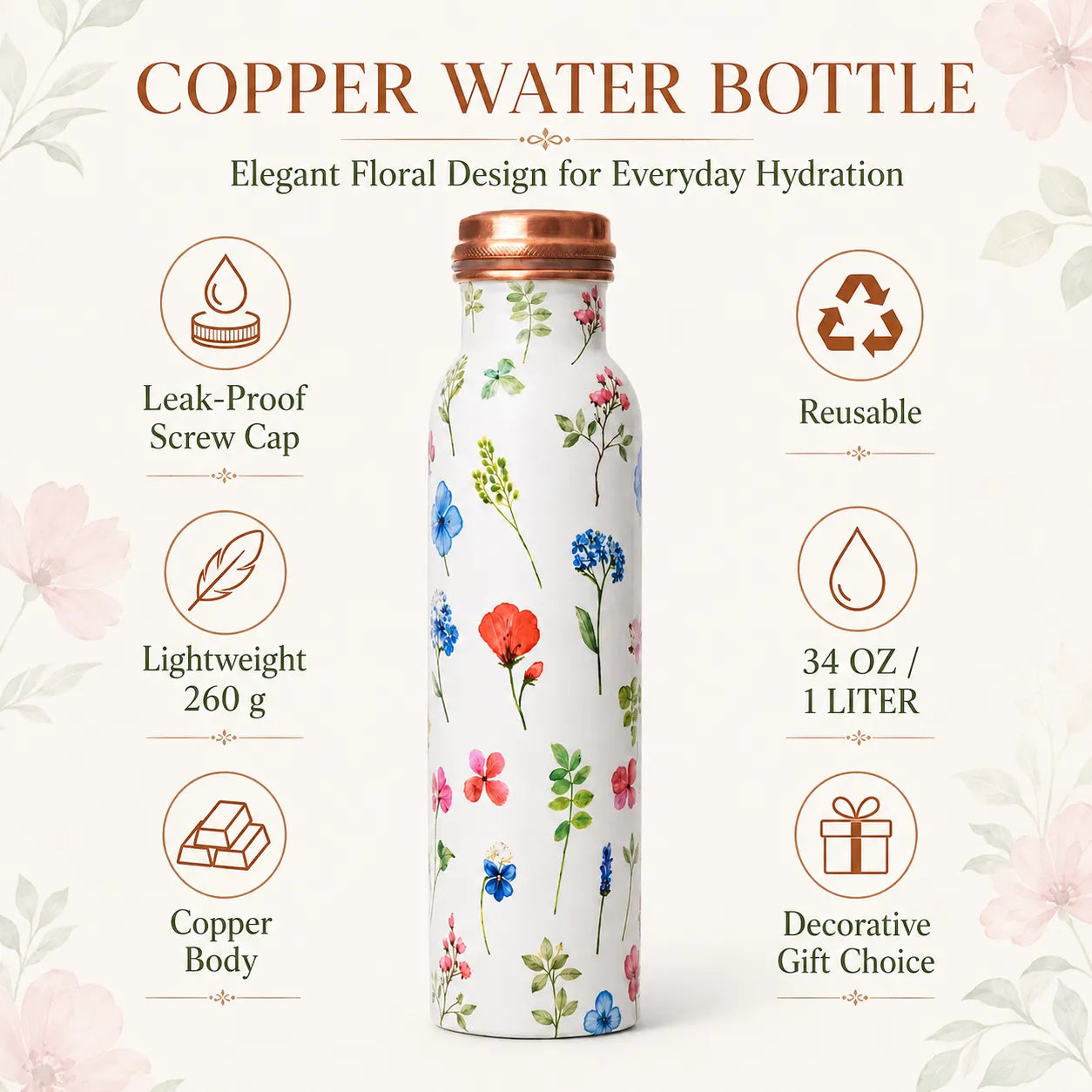 Sempyix 1 Litre Copper Water Bottle - Botanical White Floral Design