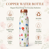 Sempyix 1 Litre Copper Water Bottle - Botanical White Floral Design