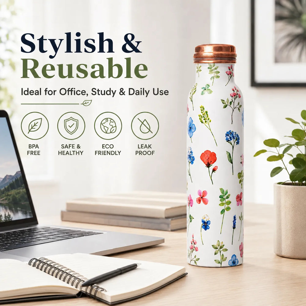 Sempyix 1 Litre Copper Water Bottle - Botanical White Floral Design