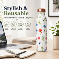 Sempyix 1 Litre Copper Water Bottle - Botanical White Floral Design