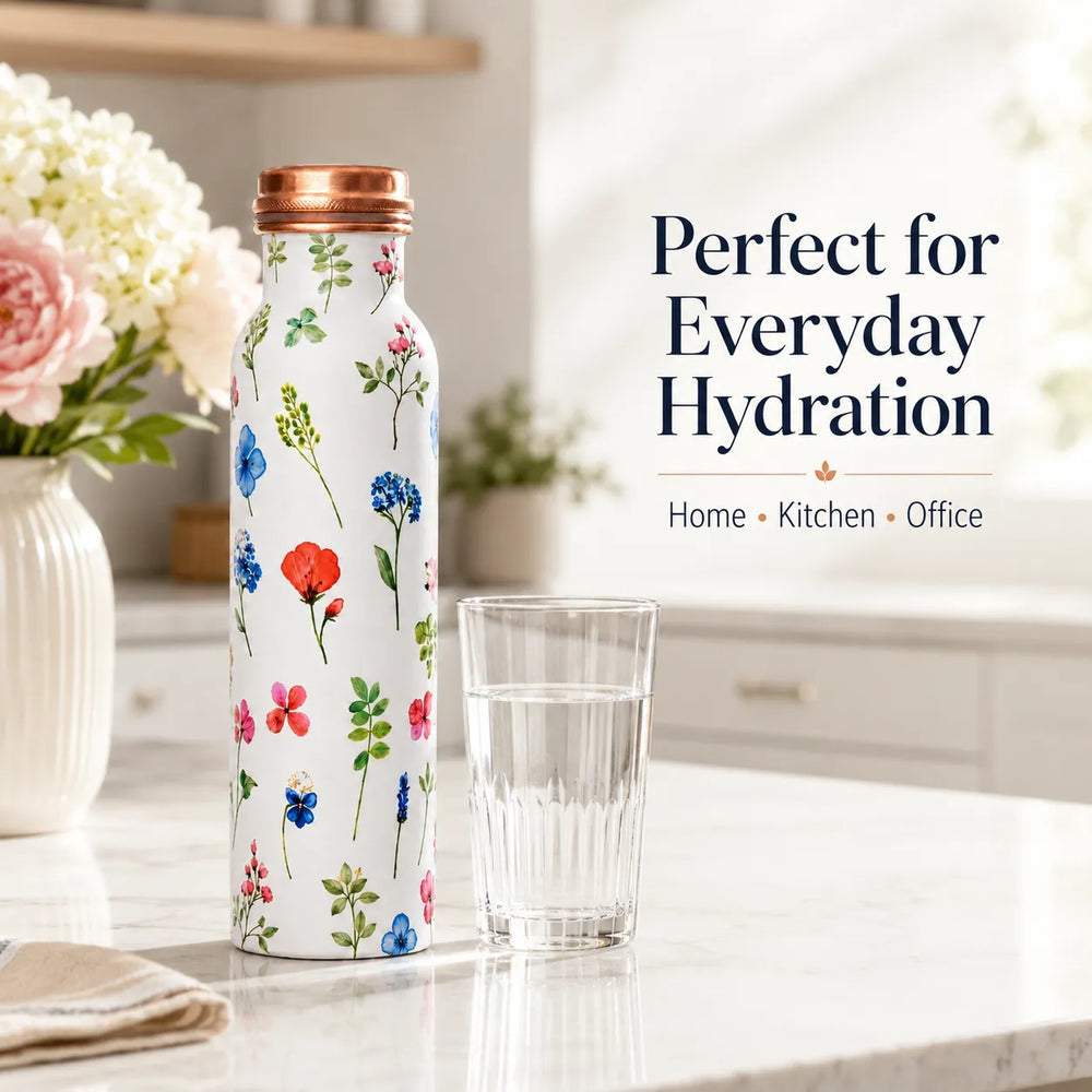 Sempyix 1 Litre Copper Water Bottle - Botanical White Floral Design