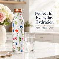 Sempyix 1 Litre Copper Water Bottle - Botanical White Floral Design