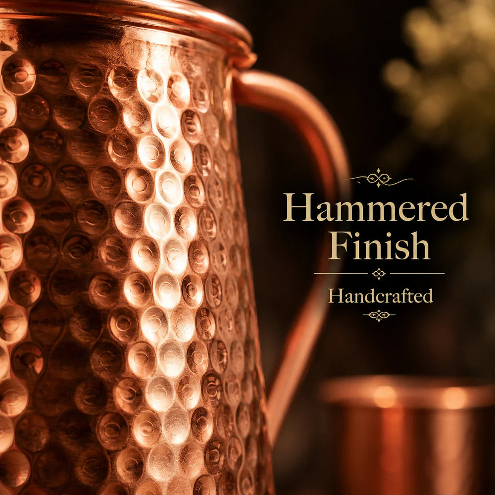 Sempyix Handcrafted Pure Copper Hammered Jug Set (1600 ml) with 2 Matching Glasses