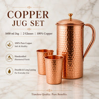 Sempyix Handcrafted Pure Copper Hammered Jug Set (1600 ml) with 2 Matching Glasses