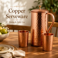 Sempyix Handcrafted Pure Copper Hammered Jug Set (1600 ml) with 2 Matching Glasses