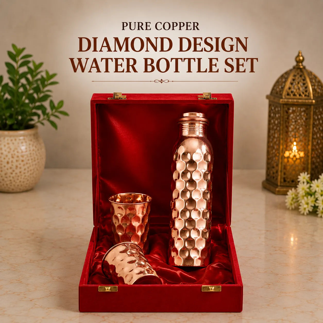 Sempyix Pure Copper Diamond Design Water Bottle Set