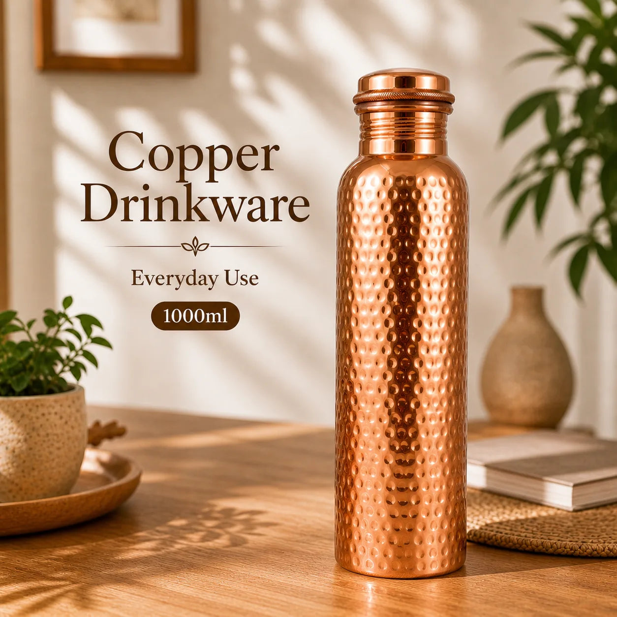 Sempyix Pure Copper Hammered Water Bottle 1000 ml – Textured Finish