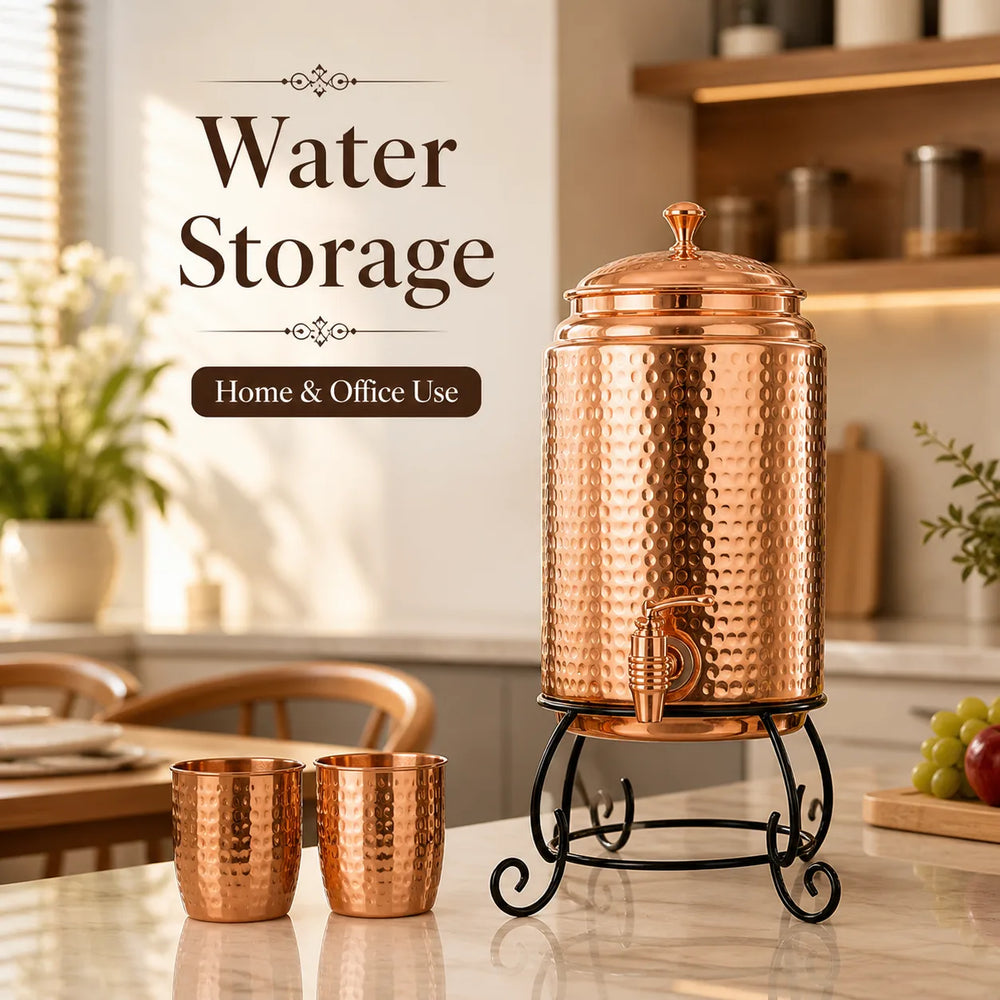 Sempyix Pure Copper Hammered Water Dispenser 5 Litre with Stand & 2 Glasses