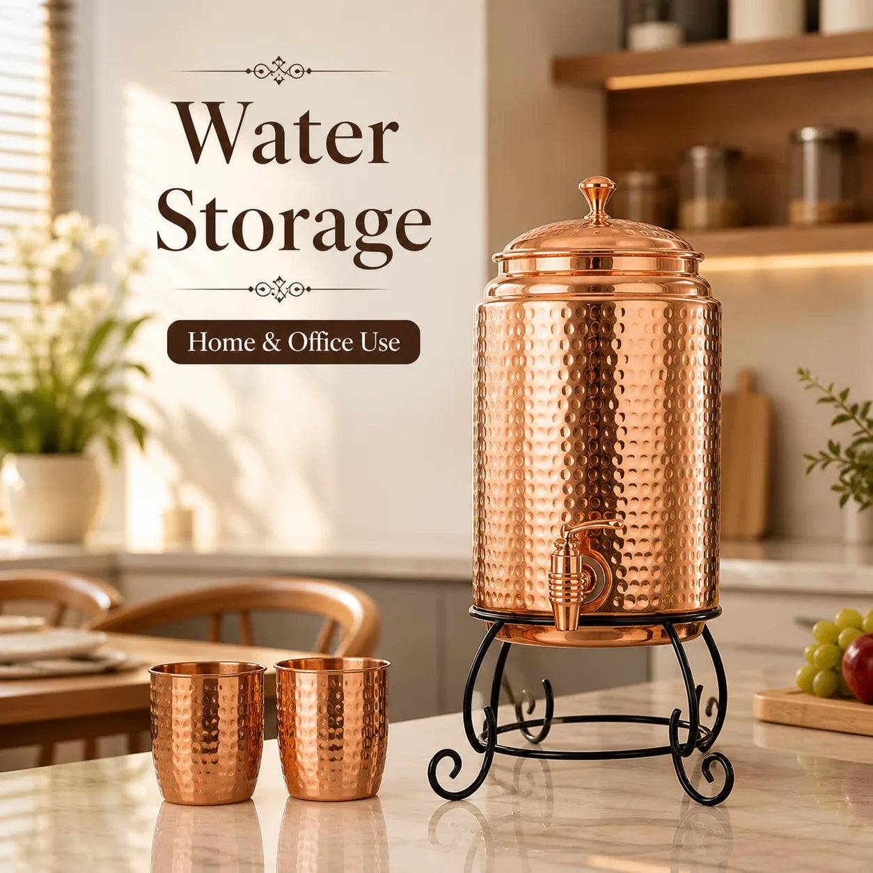 Sempyix Pure Copper Hammered Water Dispenser 5 Litre with Stand & 2 Glasses