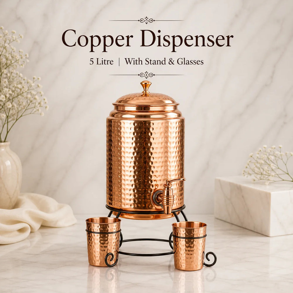 Sempyix Pure Copper Hammered Water Dispenser 5 Litre with Stand & 2 Glasses