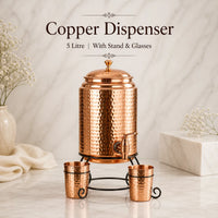 Sempyix Pure Copper Hammered Water Dispenser 5 Litre with Stand & 2 Glasses