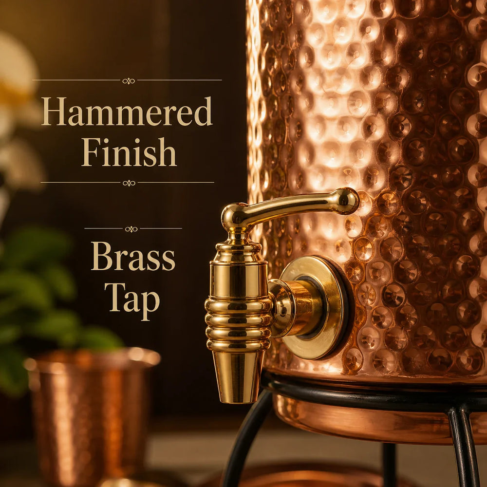 Sempyix Pure Copper Hammered Water Dispenser 5 Litre with Stand & 2 Glasses
