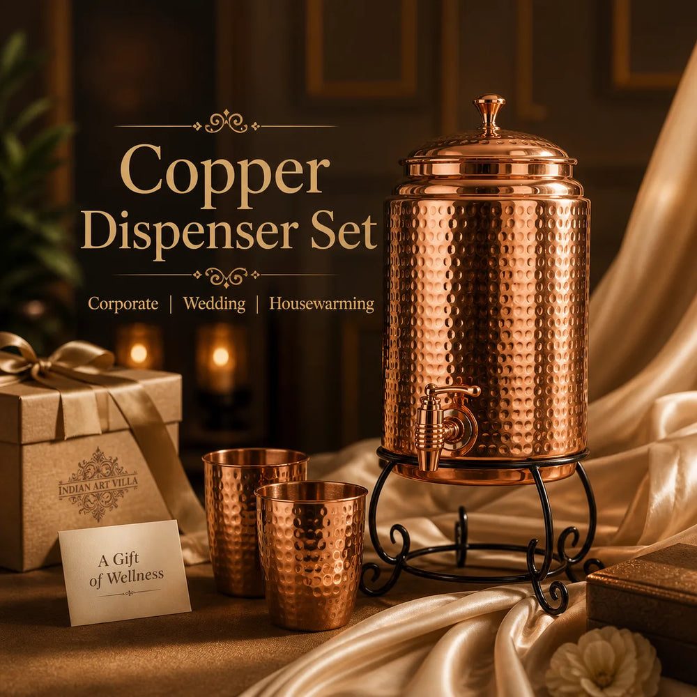 Sempyix Pure Copper Hammered Water Dispenser 5 Litre with Stand & 2 Glasses
