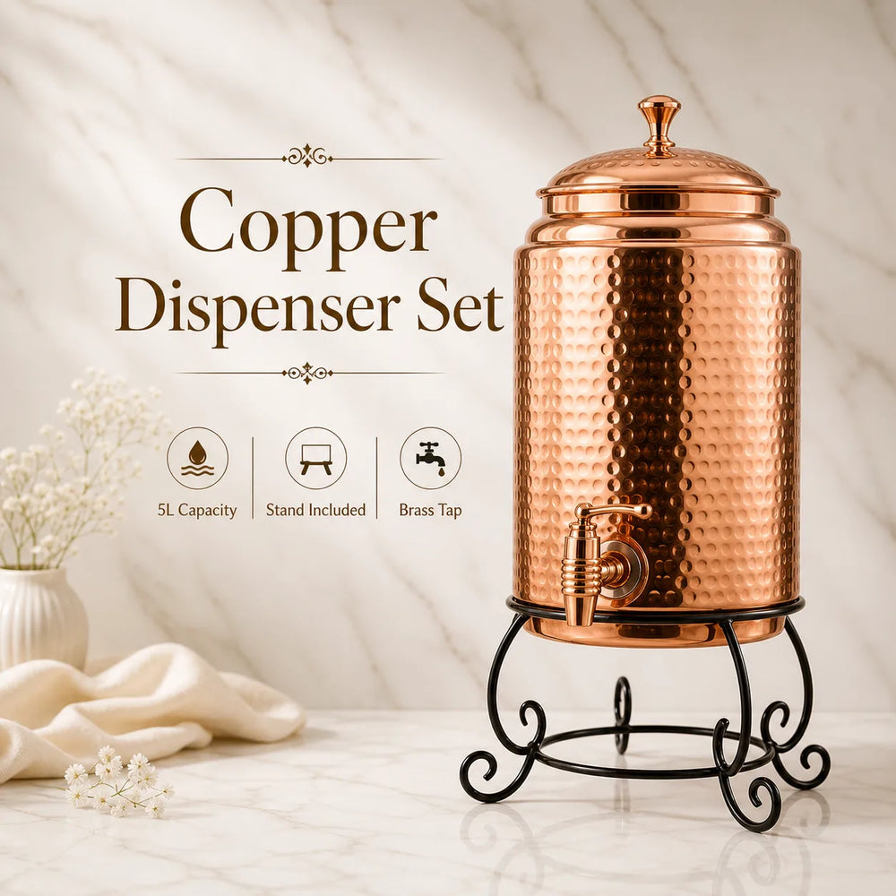 Sempyix Pure Copper Hammered Water Dispenser 5 Litre with Stand & 2 Glasses