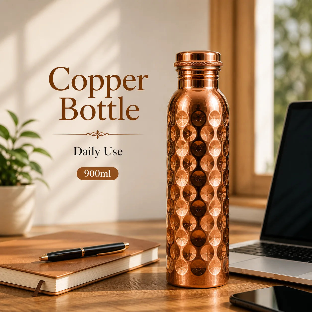 Sempyix Pure Copper Water Bottle 900 ml – Diamond Finish Design