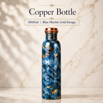 Sempyix 1 Litre Copper Water Bottle - Blue Marble Gold Design