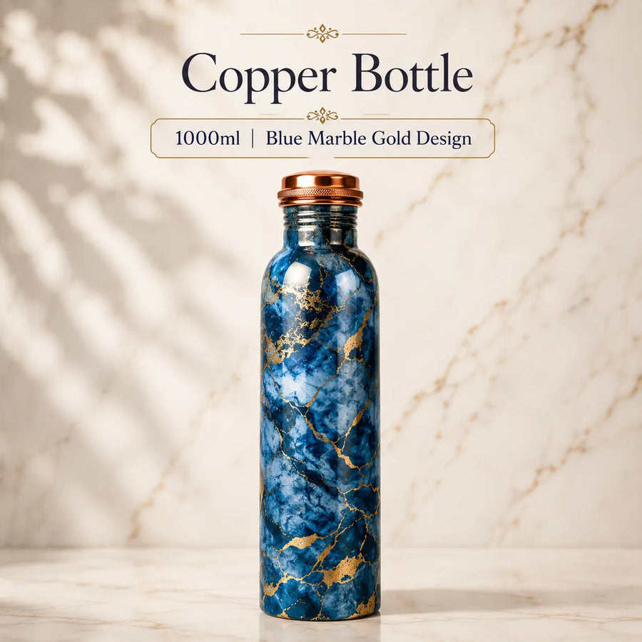 Sempyix 1 Litre Copper Water Bottle - Blue Marble Gold Design